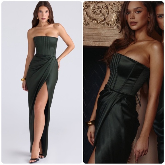 House of CB Carelle Forest Green Satin Strapless Maxi Dress,All Products : American Fashion Style Bags On Sale
